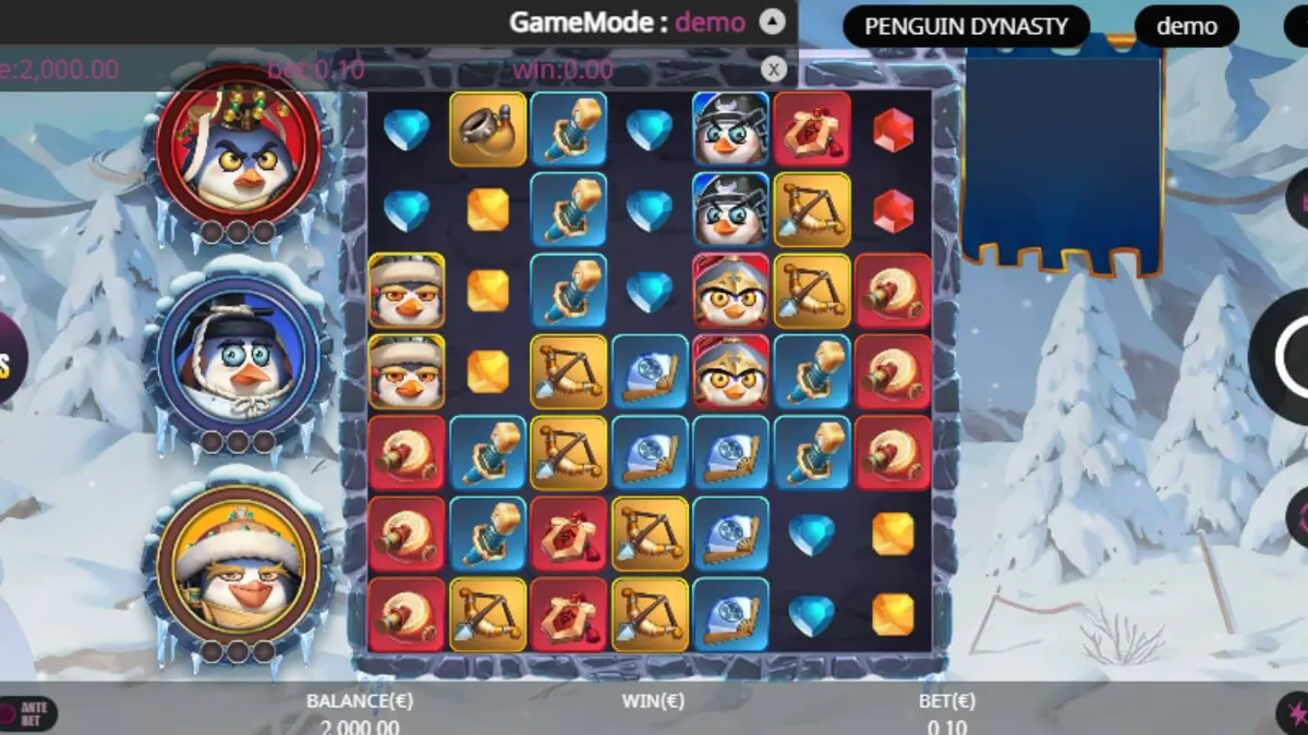 Tampilan visual slot Penguin Dynasty dengan tema suku penguin dan istana es.